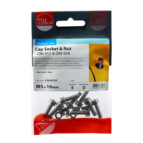 Cap Socket & Nut - A2 SS - M5 x 16 | TIMpac of 8
