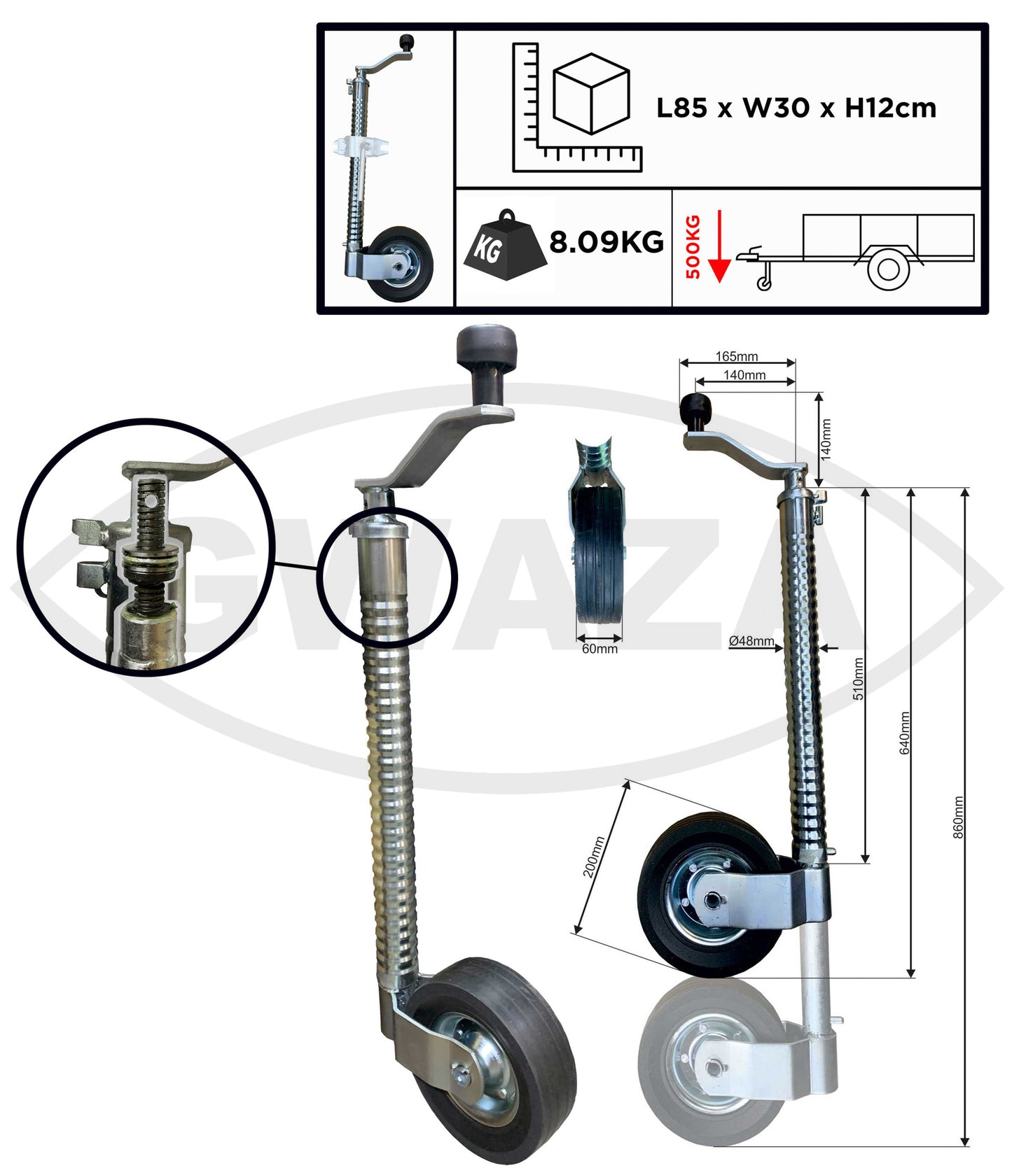 Gwaza Jockey Wheel Ribbed no Clamp 48mm N.W.L 500kg