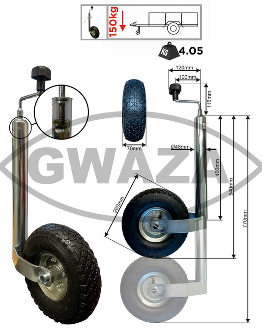 Gwaza Jockey Wheel Pneumatic no Clamp 48 mm N.W.L 150kg