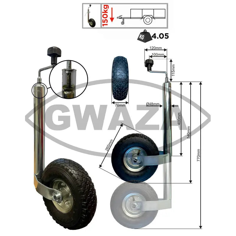 Gwaza Jockey Wheel Pneumatic no Clamp 48 mm N.W.L 150kg