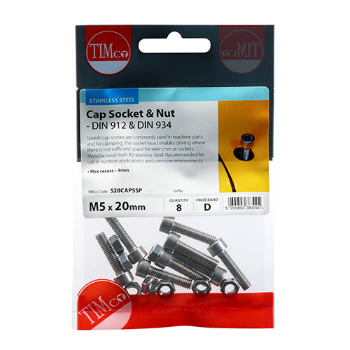 Cap Socket & Nut - A2 SS - M5 x 20 | TIMpac of 8