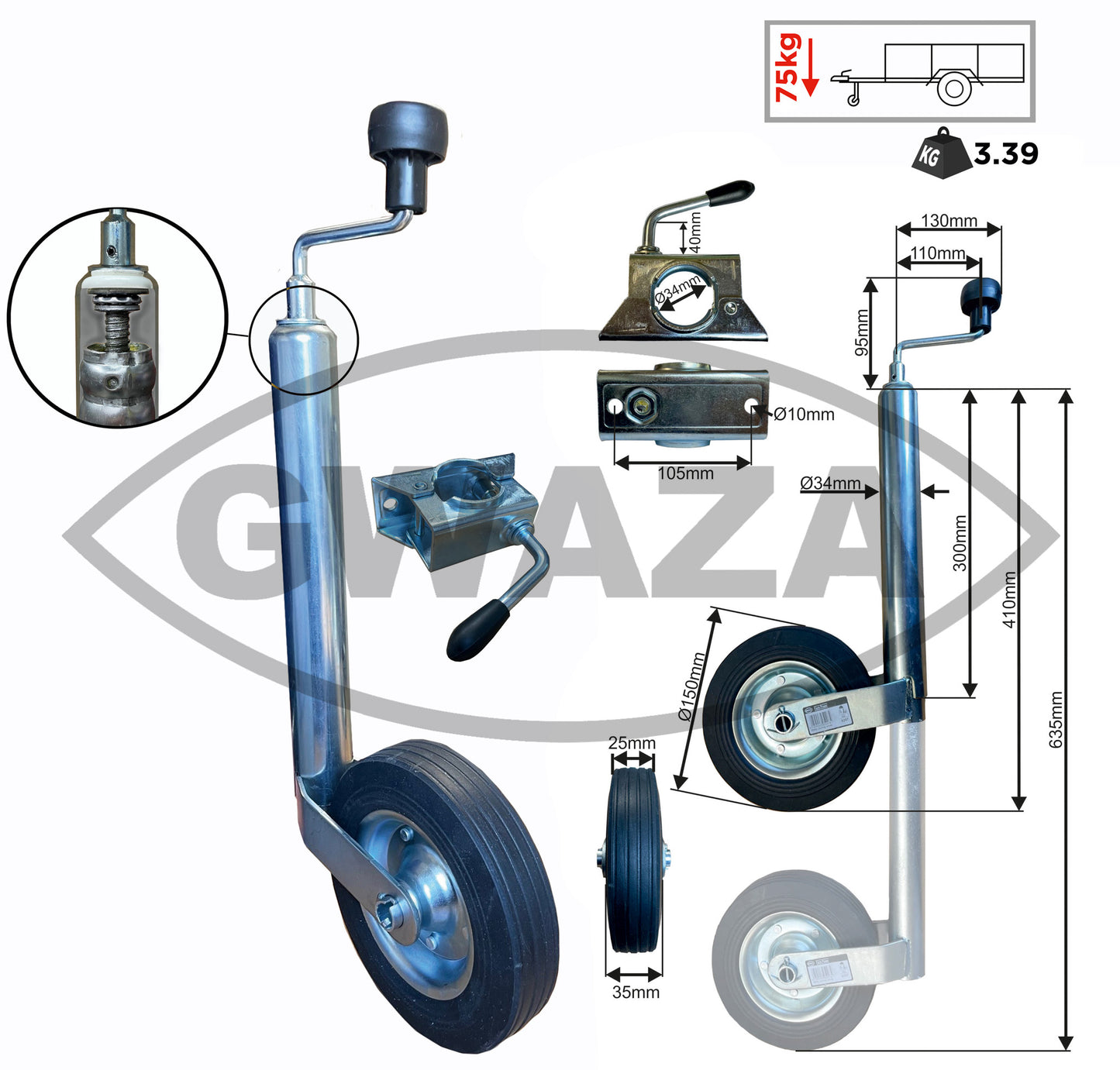 Gwaza Jockey Wheel 34mm with Clamp N.W.L 75kg