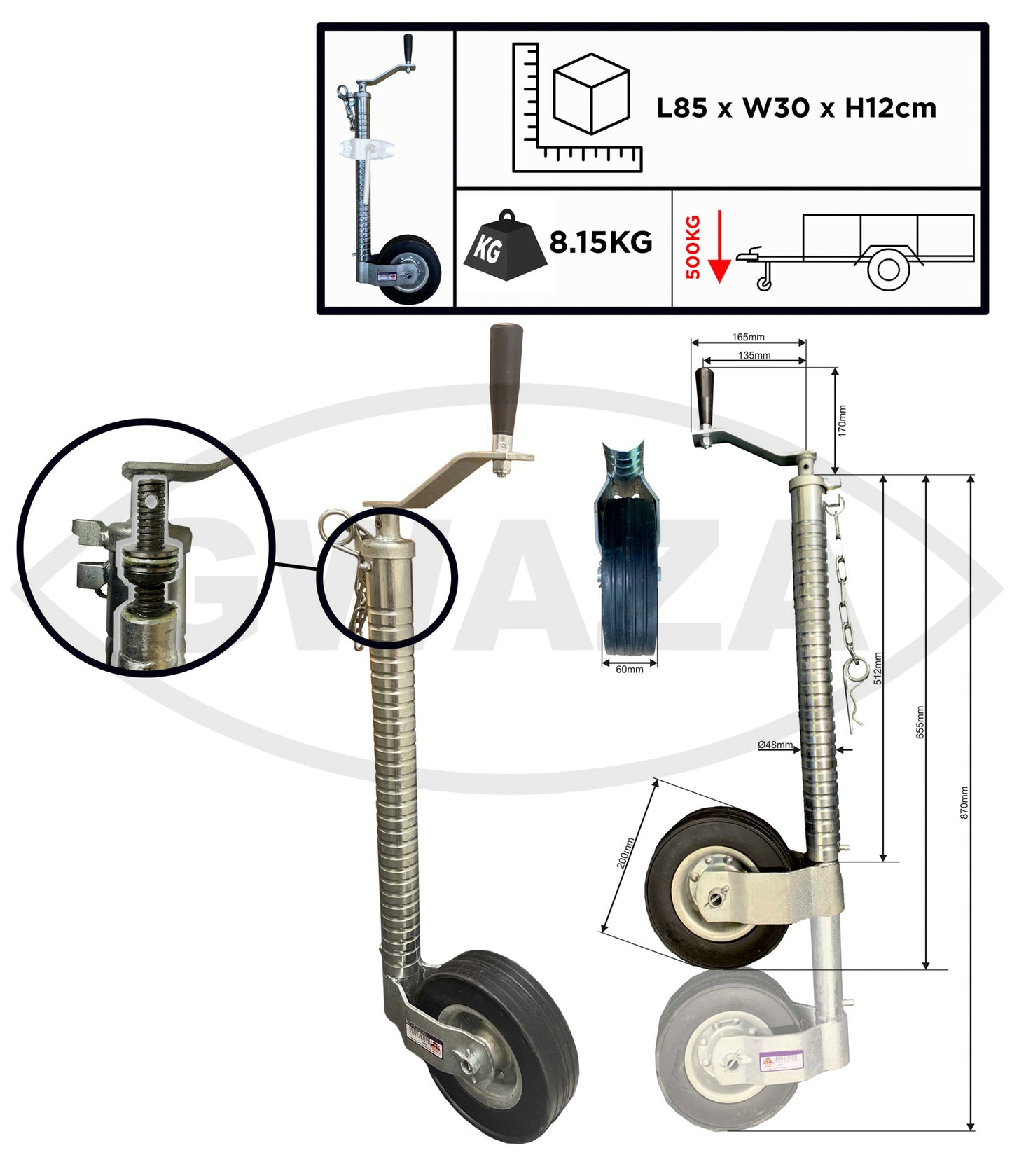 Gwaza Jockey Wheel Ribbed no Clamp 48mm N.W.L 500kg