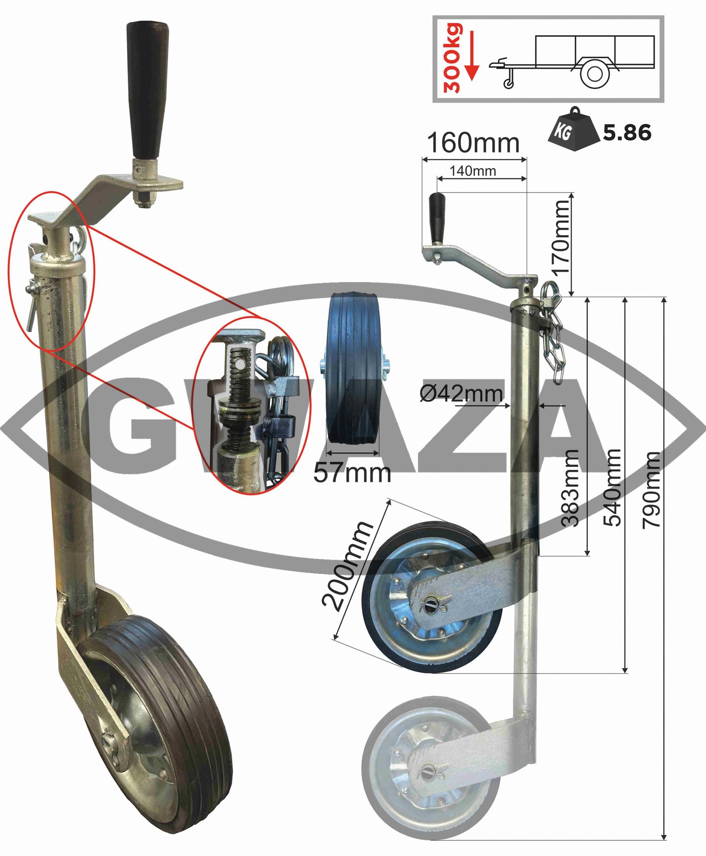 Gwaza Jockey Wheel HD no Clamp 42mm N.W.L 300kg