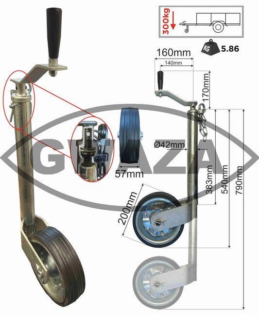 Gwaza Jockey Wheel HD no Clamp 42mm N.W.L 300kg