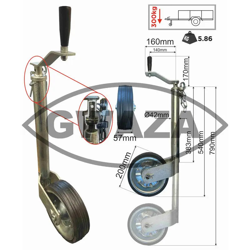 Gwaza Jockey Wheel HD no Clamp 42mm N.W.L 300kg