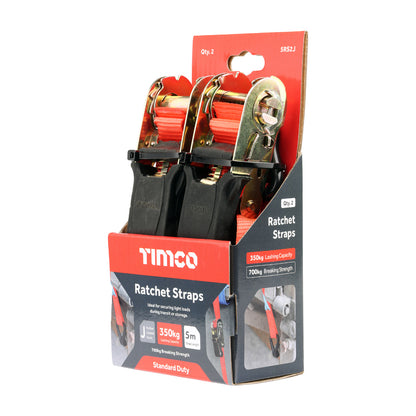 Timco Ratchet Straps - J Hook - Standard Duty - 5m x 25mm - Pack of 2