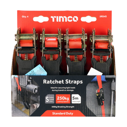 Timco Ratchet Straps - S Hook - Standard Duty - 5m x 25mm - Pack of 4