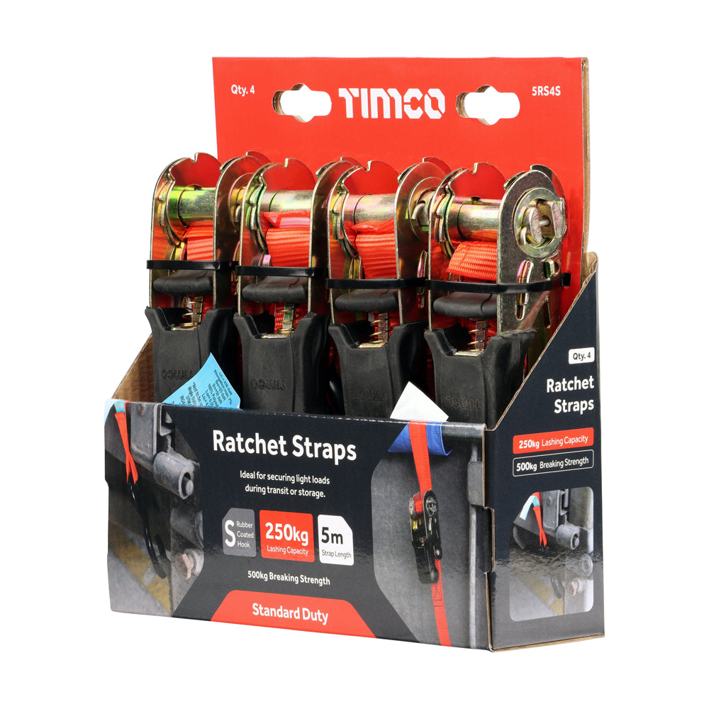 Timco Ratchet Straps - S Hook - Standard Duty - 5m x 25mm - Pack of 4