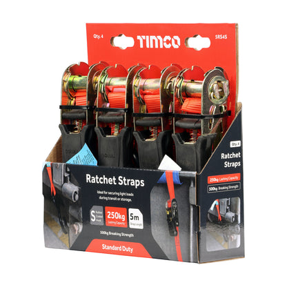 Timco Ratchet Straps - S Hook - Standard Duty - 5m x 25mm - Pack of 4