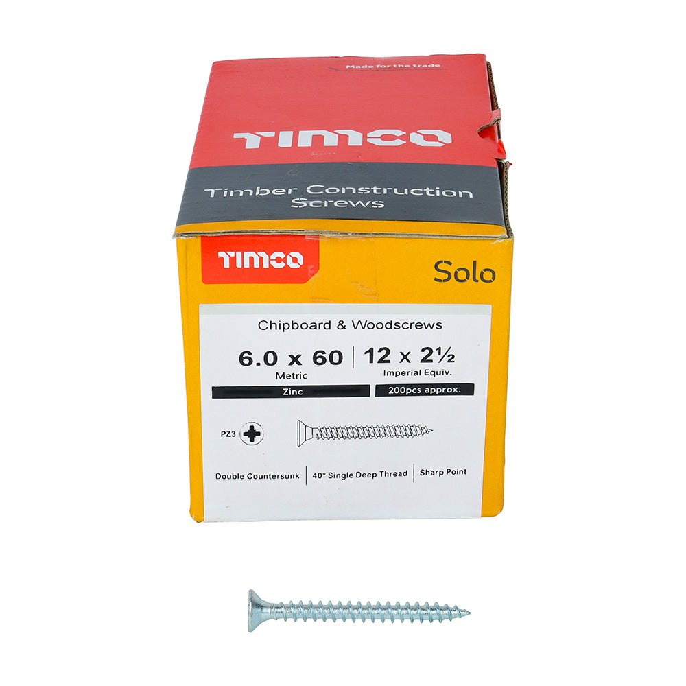Solo Woodscrew PZ3 CSK Zinc - 6.0 x 60 | Box of 200