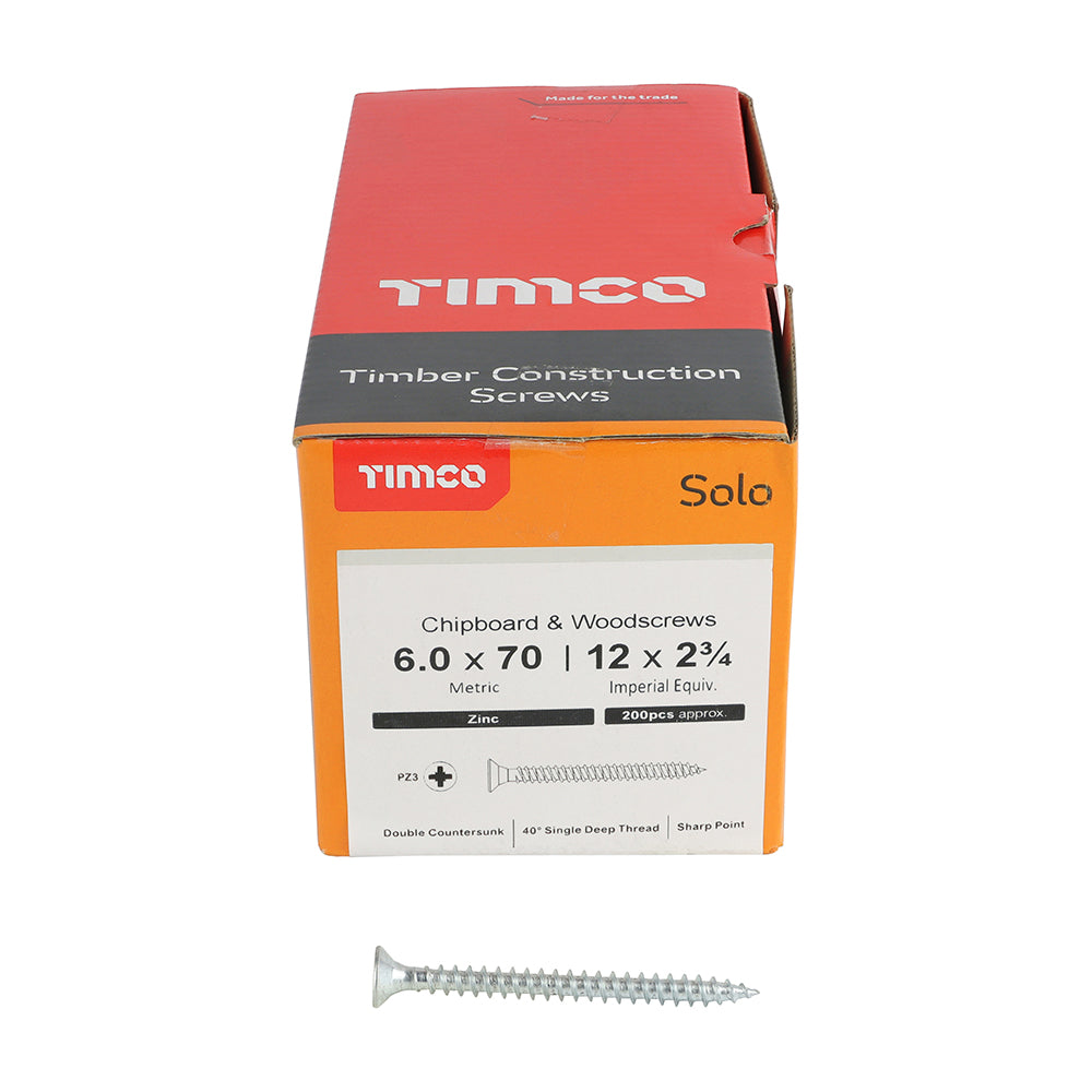 Solo Woodscrew PZ3 CSK Zinc - 6.0 x 70 | Box of 200