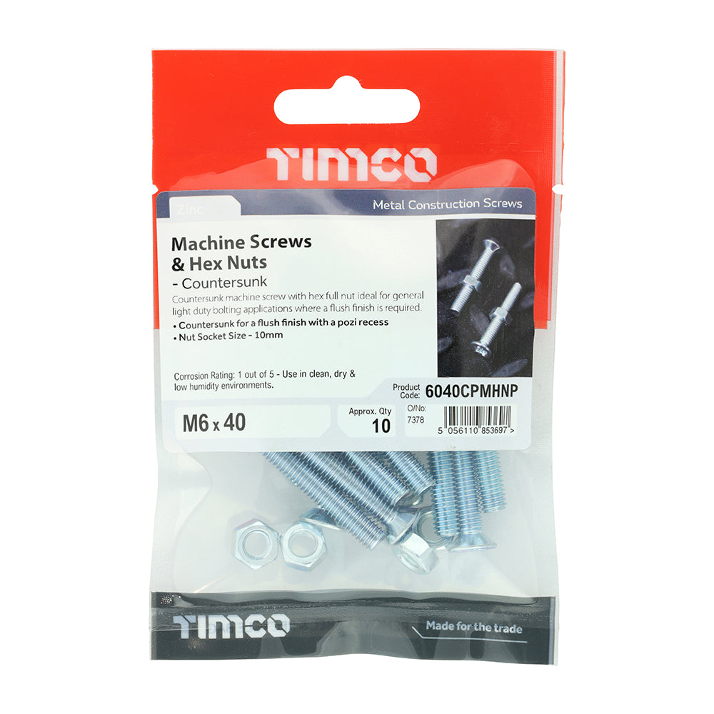 Machine Screw & Nut CSK - BZP - M6 x 40 | TIMpac of 10