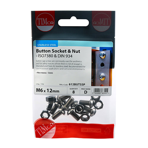 Button Socket & Nut - A2 SS - M6 x 12 | TIMpac of 8