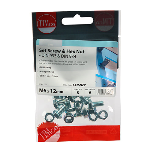 Set Screw & Hex Nut - BZP - M6 x 12 | TIMpac of 8