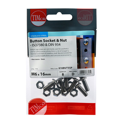 Button Socket & Nut - A2 SS - M6 x 16 | TIMpac of 8