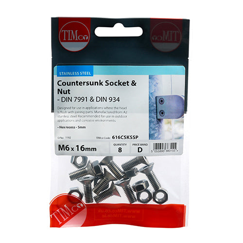 CSK Socket & Nut - A2 SS - M6 x 16 | TIMpac of 8