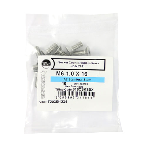Countersunk Socket Screws A2SS - M6 x 16 | Bag of 10
