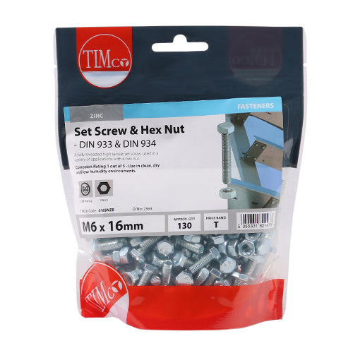 Set Screw & Hex Nut - BZP - M6 x 16 | TIMpac of 8