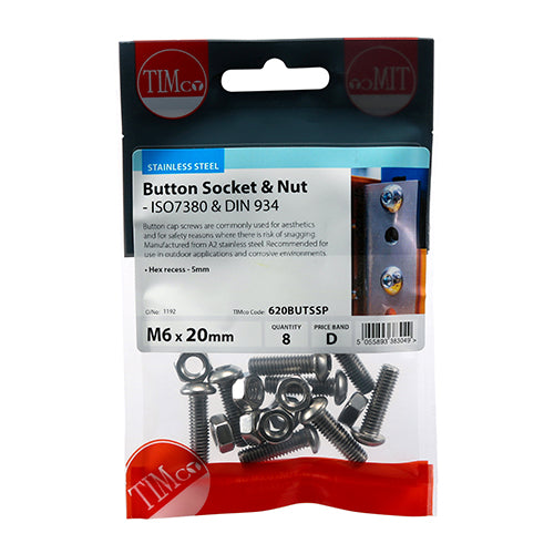 Button Socket & Nut - A2 SS - M6 x 20 | TIMpac of 8