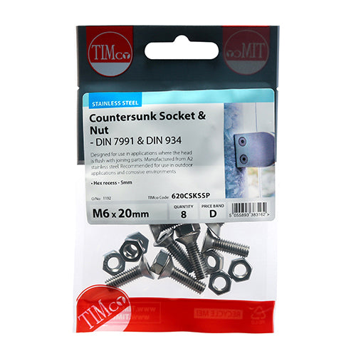 CSK Socket & Nut - A2 SS - M6 x 20 | TIMpac of 8