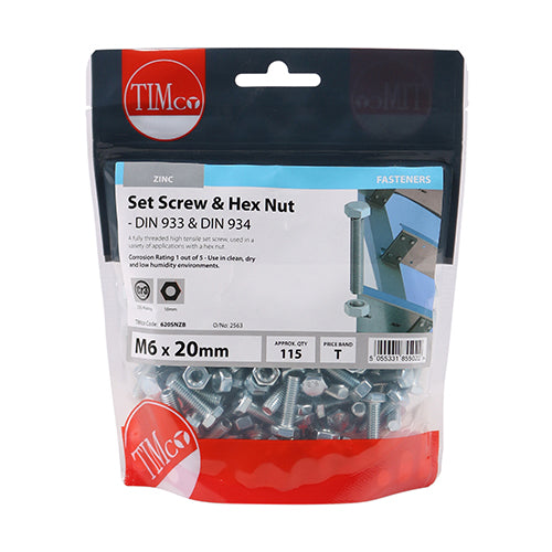 Set Screw & Hex Nut - BZP - M6 x 20 | TIMpac of 8