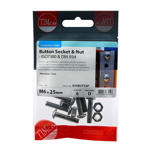 Button Socket & Nut - A2 SS - M6 x 25 | TIMpac of 6