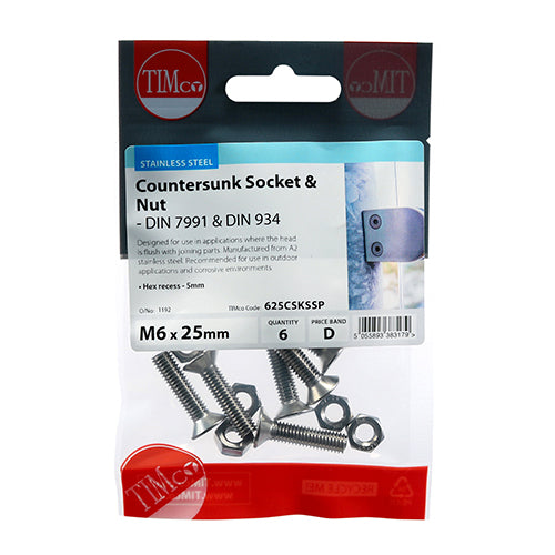 CSK Socket & Nut - A2 SS - M6 x 25 | TIMpac of 6