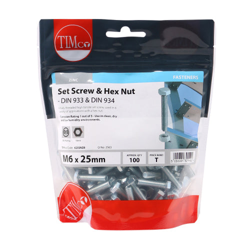 Set Screw & Hex Nut - BZP - M6 x 25 | TIMpac of 6