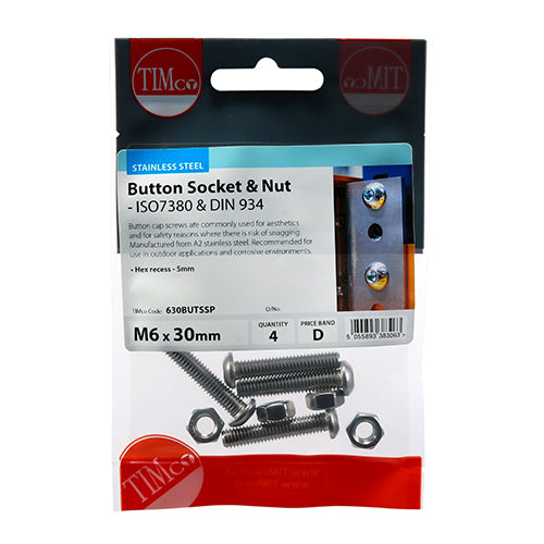 Button Socket & Nut - A2 SS - M6 x 30 | TIMpac of 4