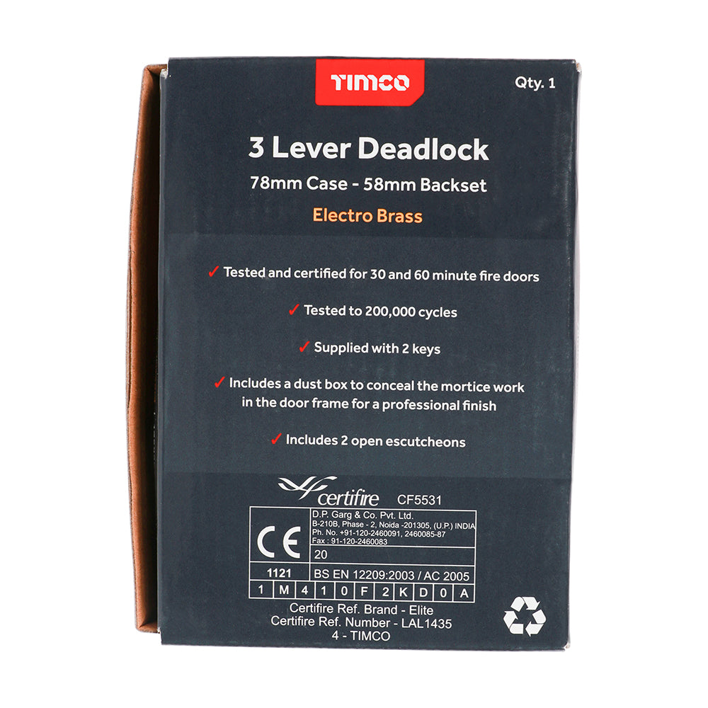 3 Lever Deadlock E. Brass - 78 case / 58 backset | Box