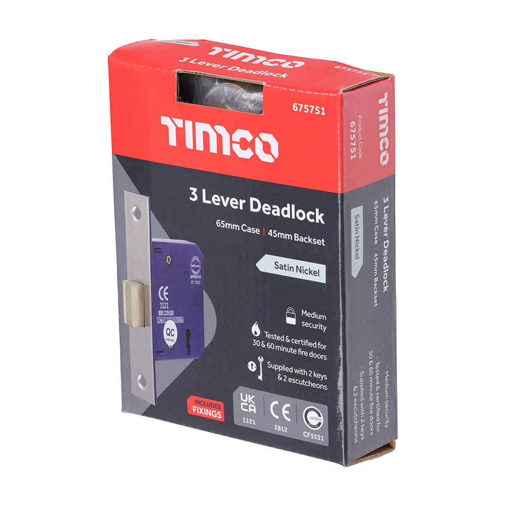 3 Lever Deadlock Sat. Nickel - 65 case / 45 backset | Box