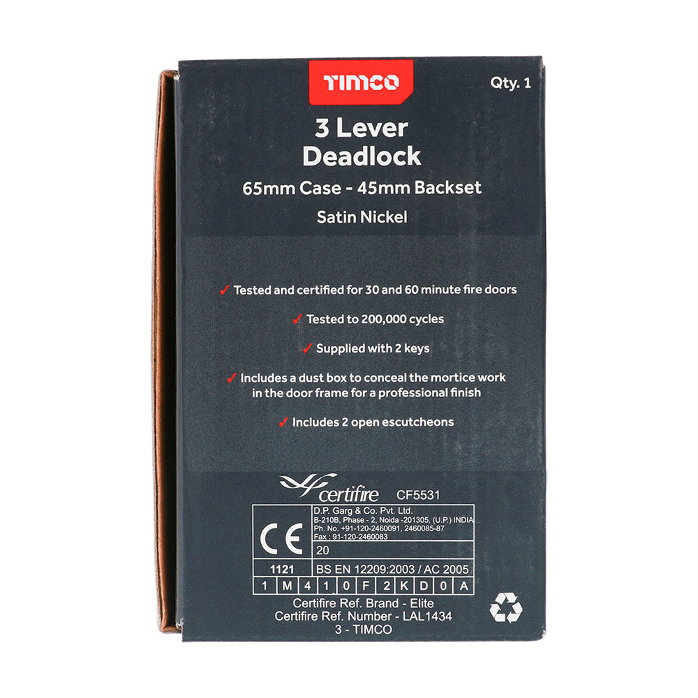 3 Lever Deadlock Sat. Nickel - 65 case / 45 backset | Box