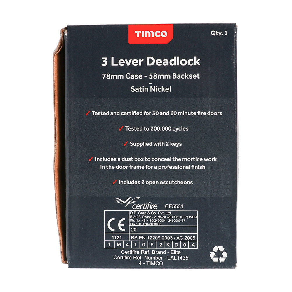 3 Lever Deadlock Sat. Nickel - 78 case / 58 backset | Box