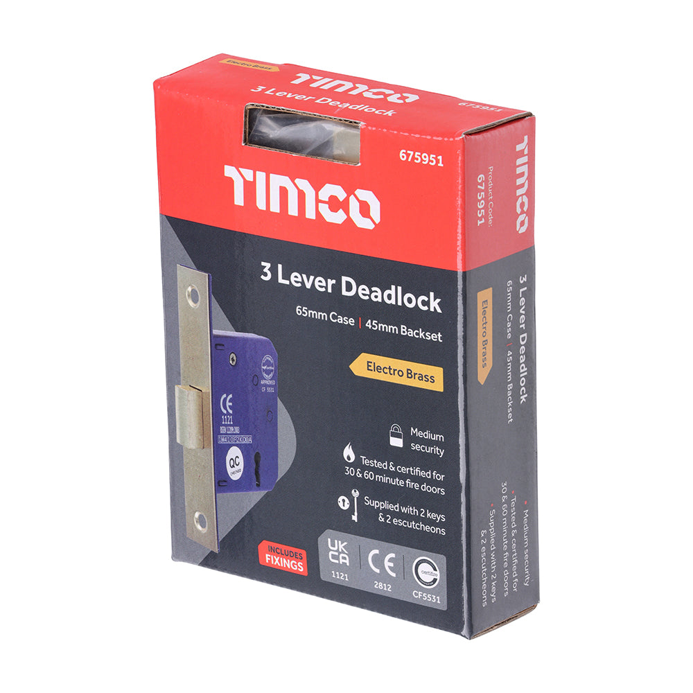 3 Lever Deadlock E. Brass - 65 case / 45 backset | Box
