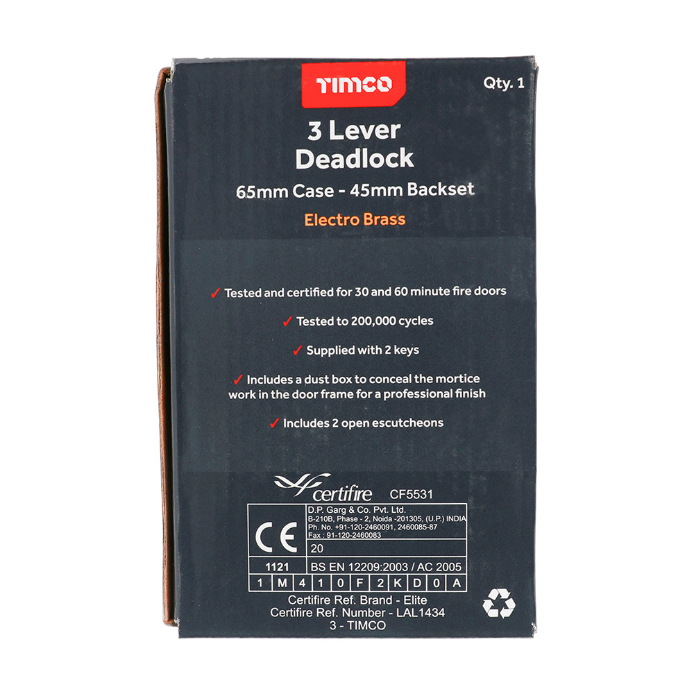 3 Lever Deadlock E. Brass - 65 case / 45 backset | Box