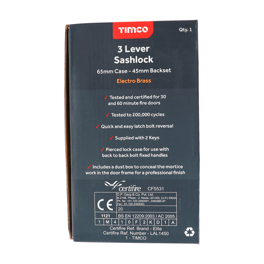3 Lever Sashlock E. Brass - 65 case / 45 backset | Box