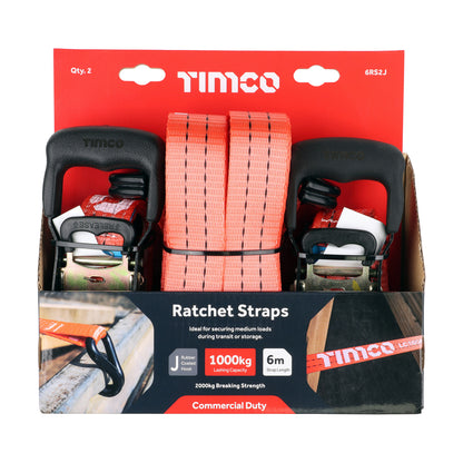 Timco Ratchet Straps - J Hook - Commercial Duty - 6m x 35mm - Pack of 2