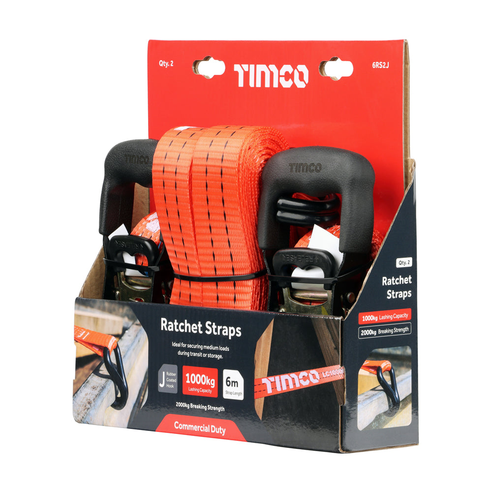 Timco Ratchet Straps - J Hook - Commercial Duty - 6m x 35mm - Pack of 2