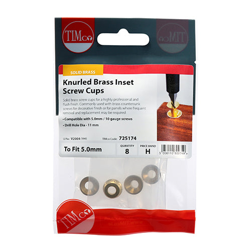 Knurled Brass Inset Screw Cups - To fit 4.8, 5.0 Screw | TIMpac of 8