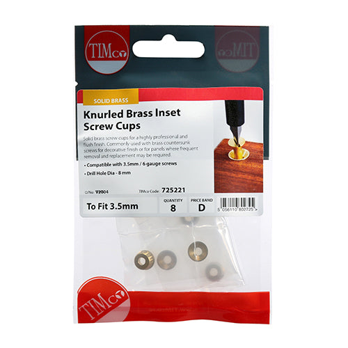 Knurled Brass Inset Screw Cups - To fit 3.5 Screw | TIMpac of 8