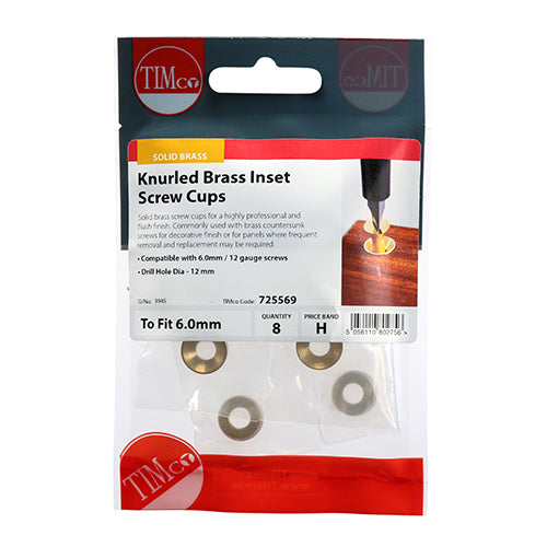 Knurled Brass Inset Screw Cups - To fit 5.5, 6.0 Screw | TIMpac of 8