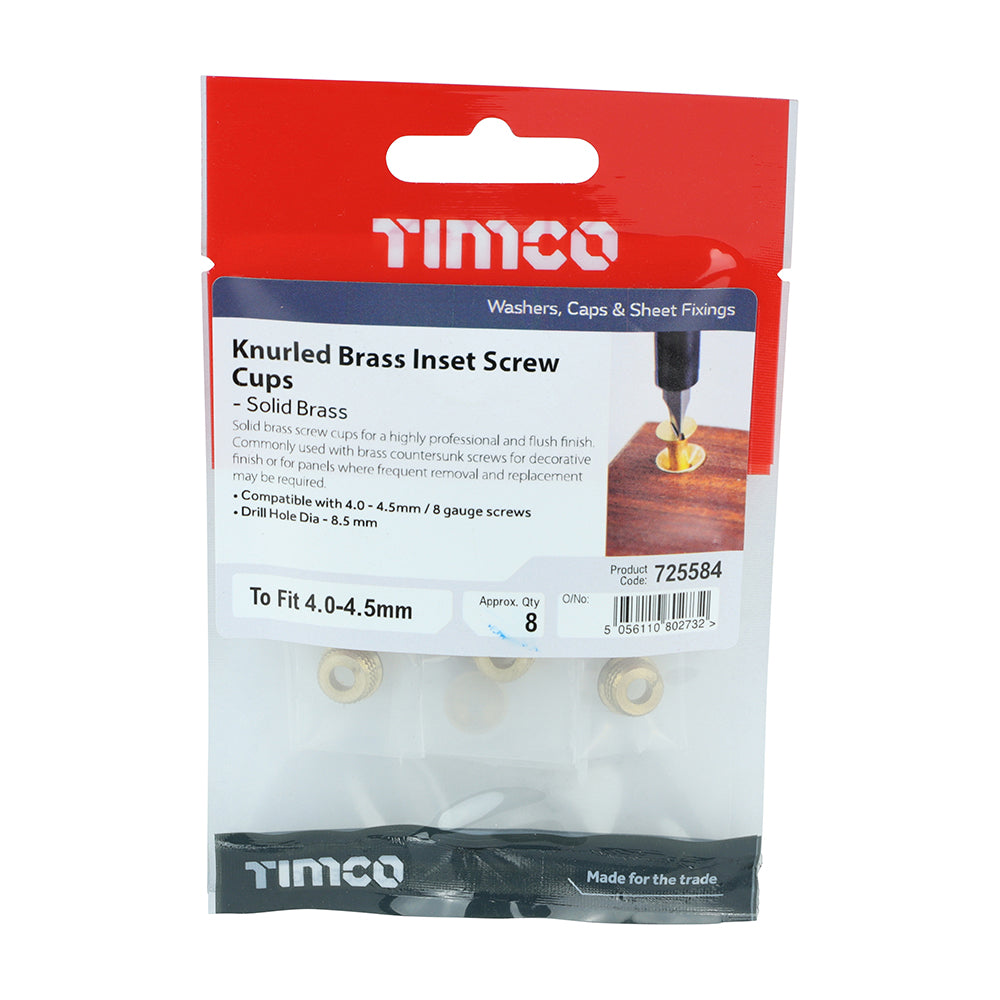 Knurled Brass Inset Screw Cups - To fit 4.0, 4.2, 4.5 Screw | TIMpac of 8
