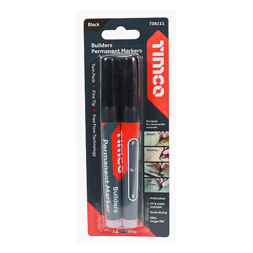 Builders Permanent Markers BLK - Fine Tip | Blister Pack of 2
