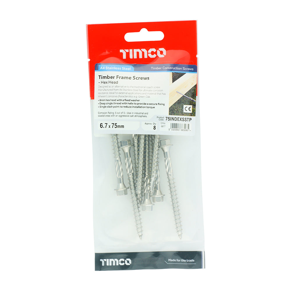 Hex Head Timber Screw - A4 SS - 6.7 x 75 | TIMpac of 8