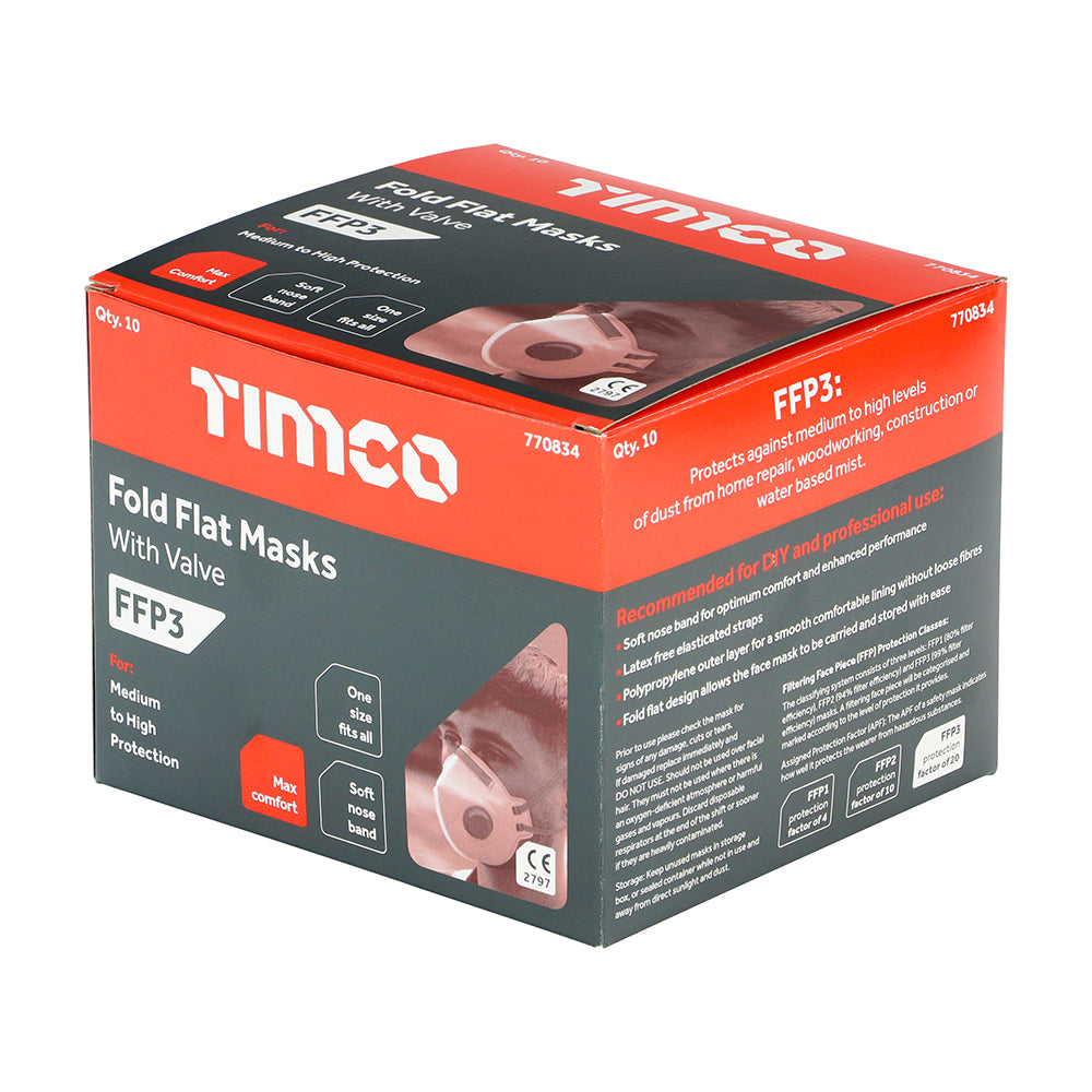 Timco FFP3 Fold Flat Masks with Valve - Pack of 10