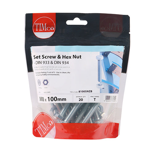 Set Screw & Hex Nut - BZP - M8 x 100 | TIMpac of 2