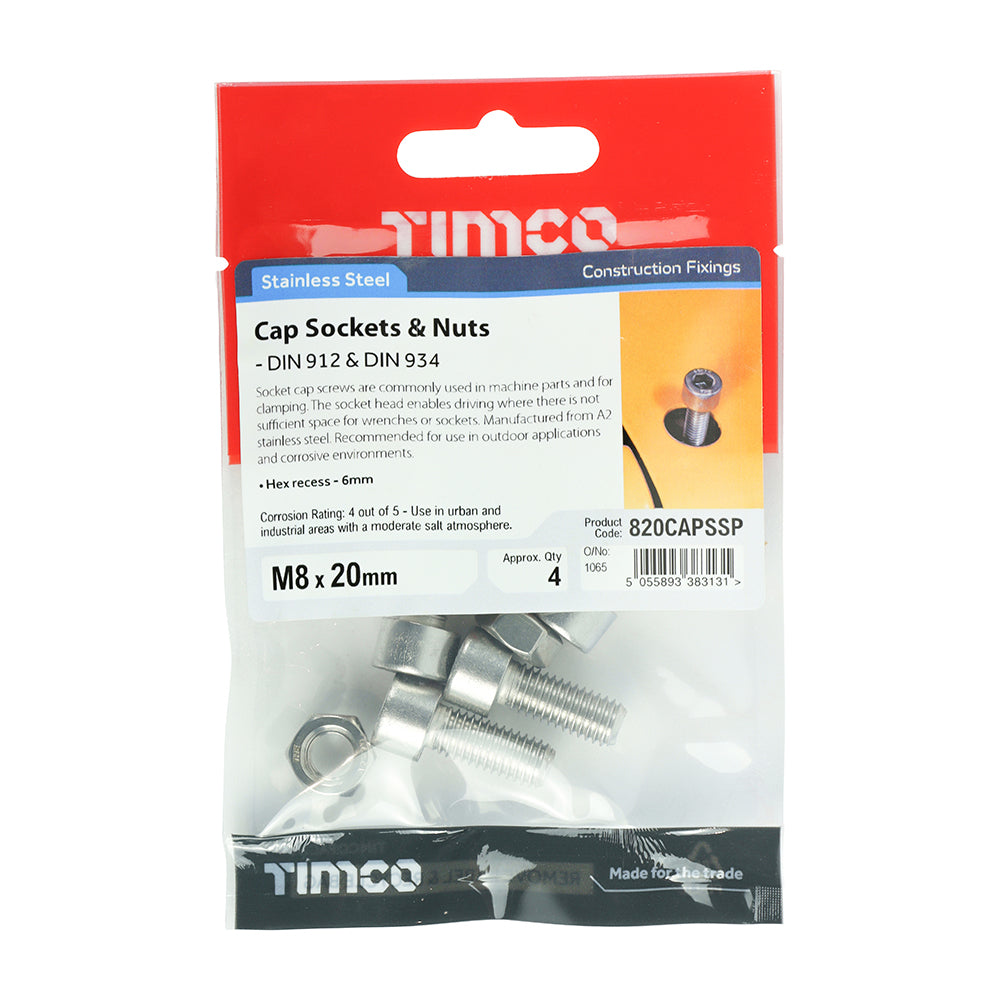 Cap Socket & Nut - A2 SS - M8 x 20 | TIMpac of 4