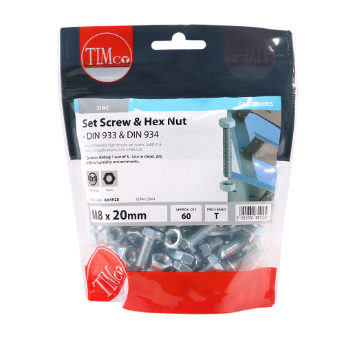 Set Screw & Hex Nut - BZP - M8 x 20 | TIMpac of 6