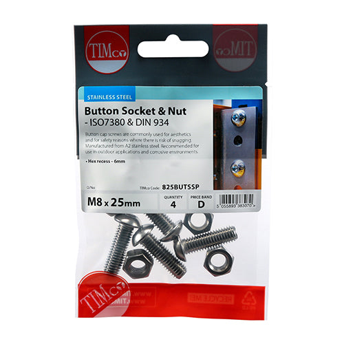 Button Socket & Nut - A2 SS - M8 x 25 | TIMpac of 4